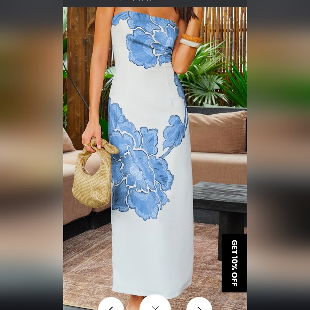Commense White Strapless Maxi Dress with Blue Floral Print
